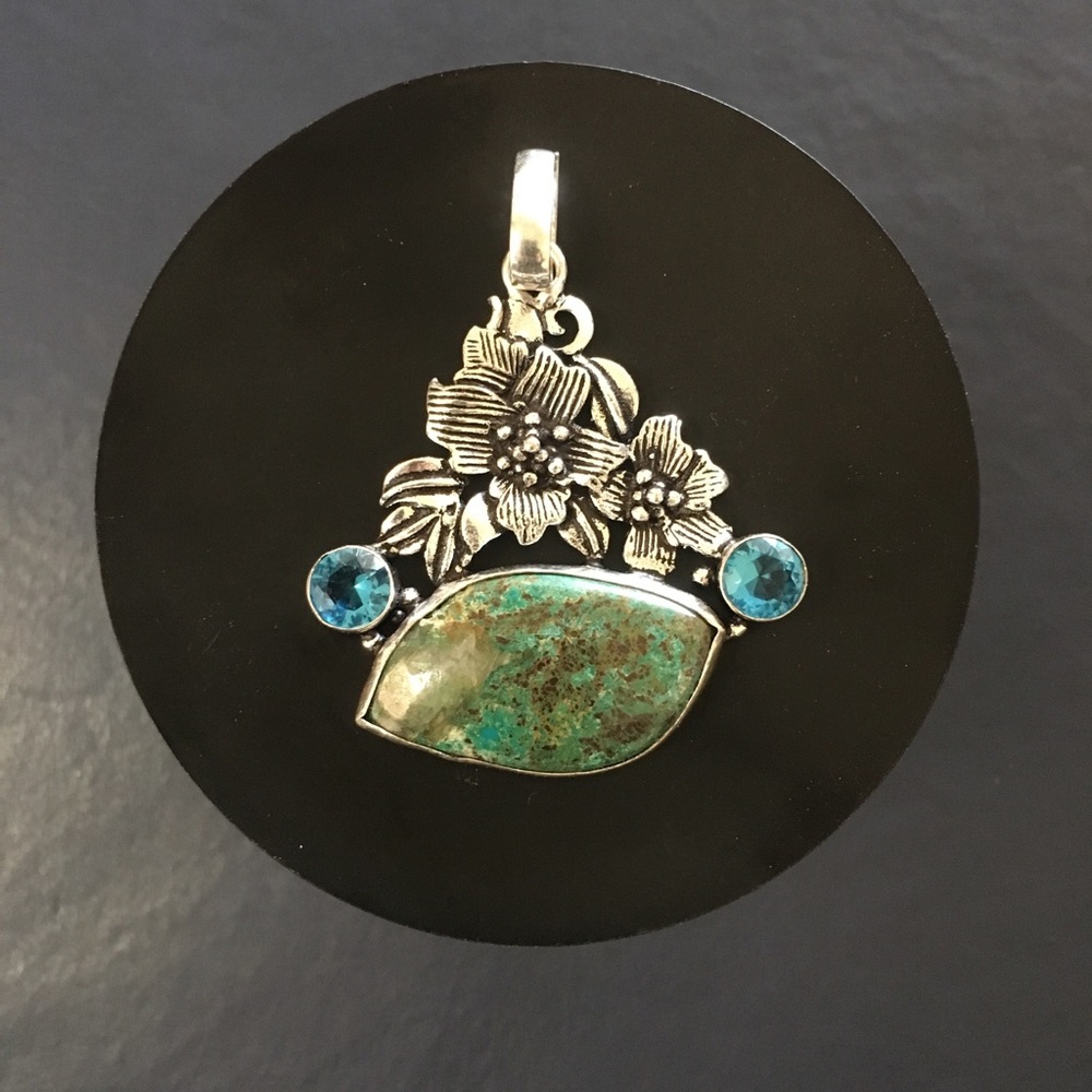 Rare CHRYSOCOLLA and BLUE TOPAZ BOHO Pendant!